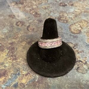 Pink Stones Sterling Silver Eternity Band Ring - Rodium Plated